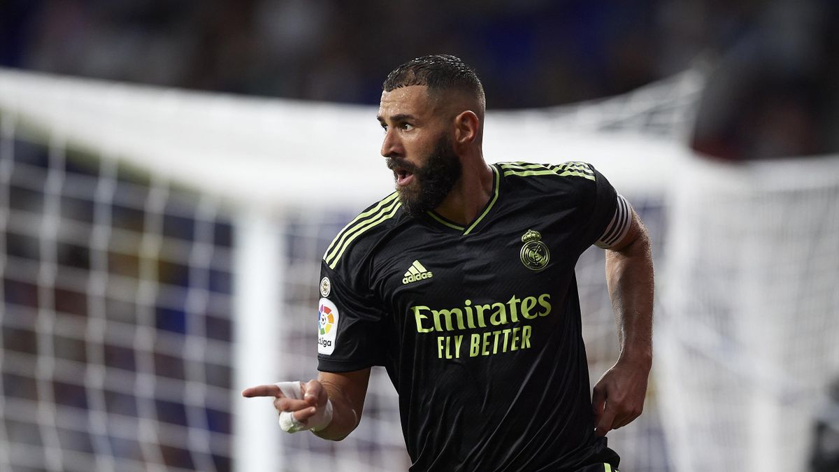 Karim Benzema centre-forward of Real Madrid and France celebrates after scoring his sides first goal during the La Liga Santander match between RCD Espanyol and Real Madrid CF at RCDE Stadium on August 28, 2022 in Barcelona, Spain. (Photo by Jose Breton/P