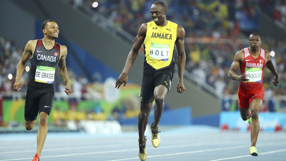 Andre De Grasse (CAN) of Canada, Usain Bolt (JAM) of Jamaica and Salem Eid Yaqoob (BRN) of Bahrain compete.
