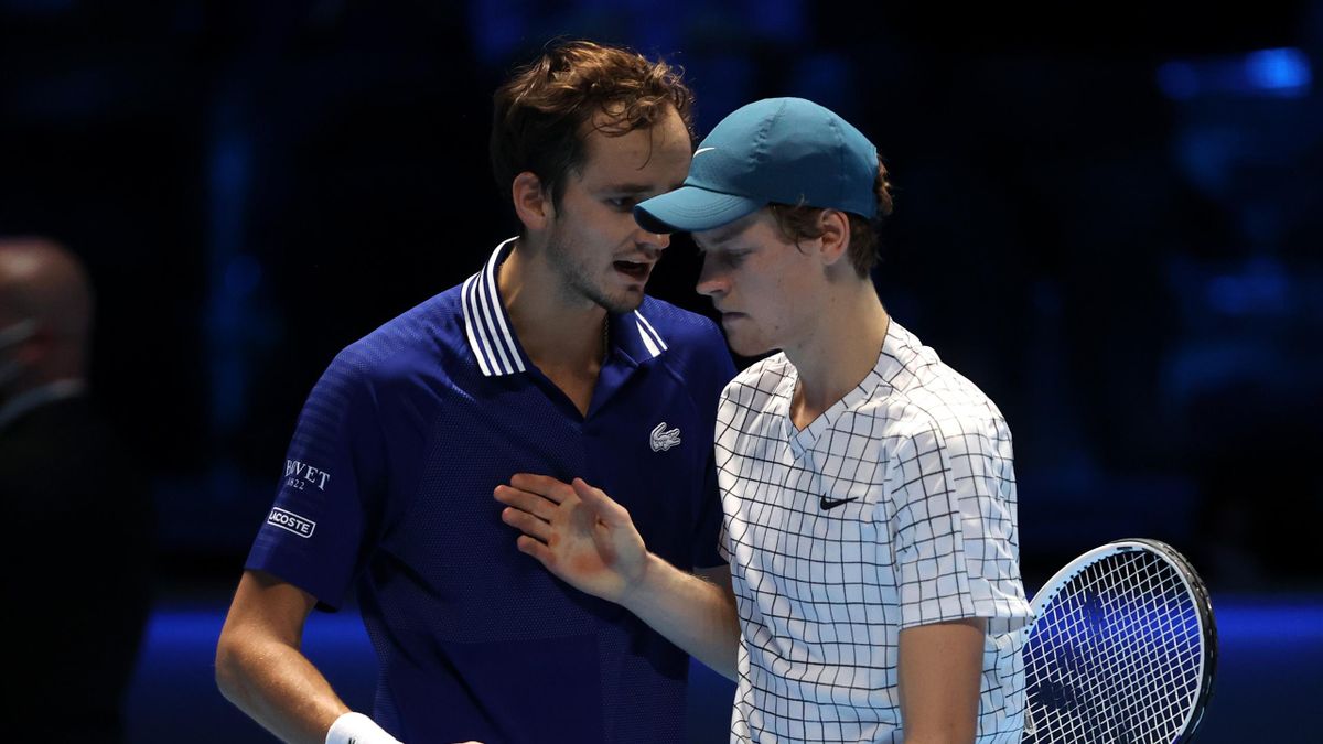 Daniil Medvedev of Russia shakes hands after winning his singles match against Jannik Sinner of Italy during Day Five of the Nitto ATP World Tour Finals at Pala Alpitour on November 18, 2021 in Turin, Italy.