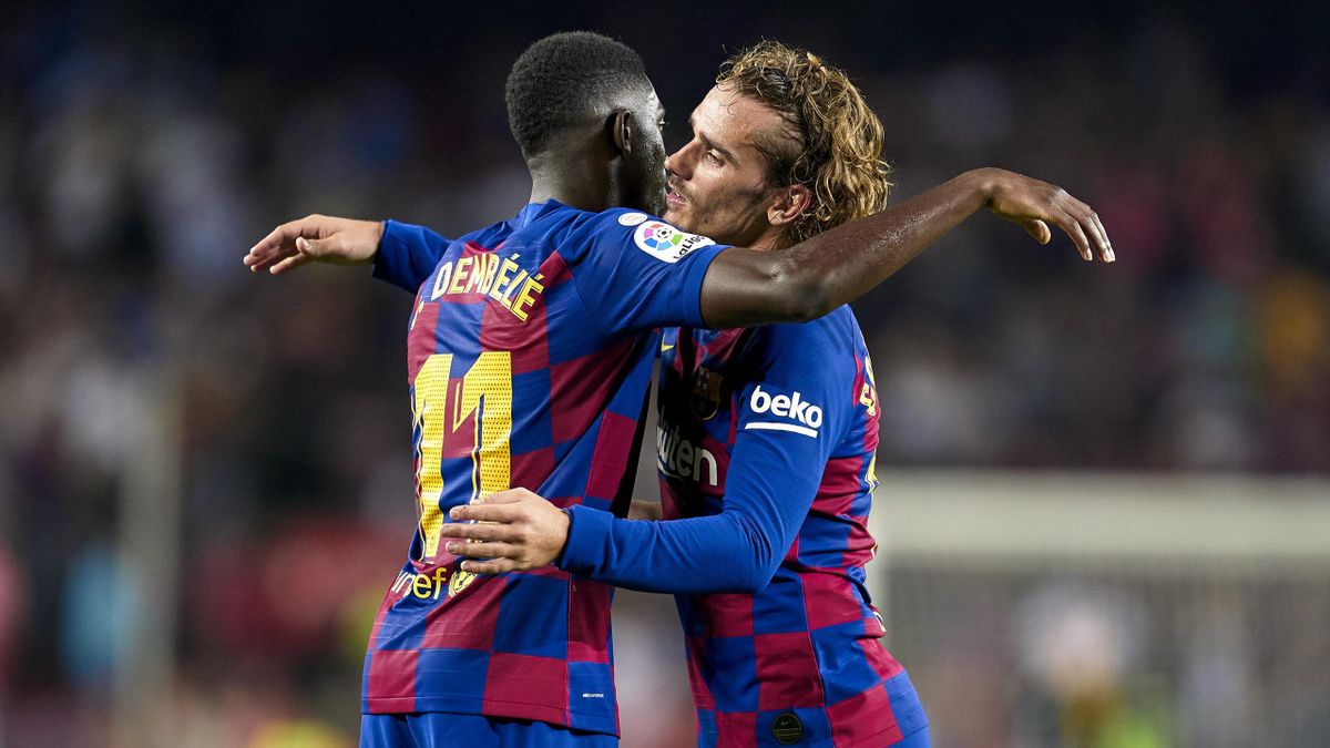 Ousmane Dembele and Antoine Griezmann of FC Barcelona at the end of the Liga match between FC Barcelona and Villarreal CF at Camp Nou on September 24, 2019 in Barcelona, Spain