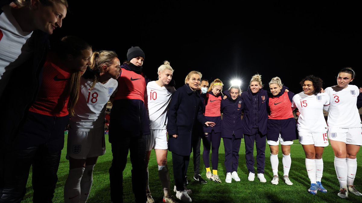 Sarina Wiegman addresses her players following their 20-0 win against Latvia in November