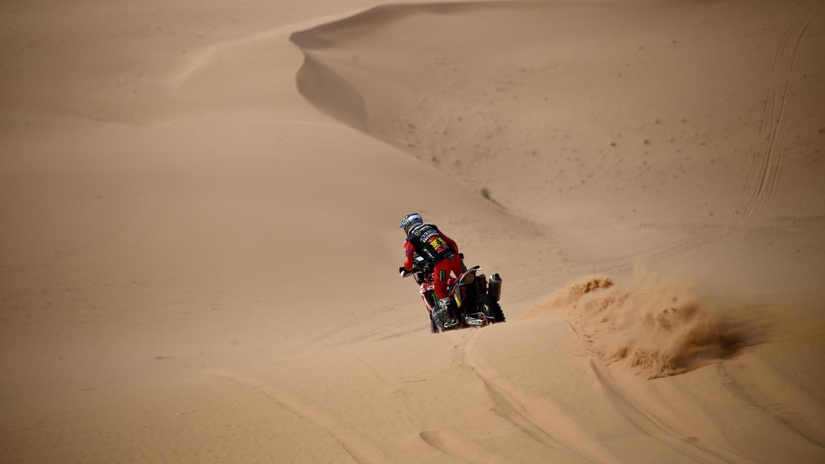 Honda's Chilean biker Jose Ignacio Florimo Cornejo competes during Stage 4 of the Dakar Rally 2021 between Wadi Ad-Dawasir and Saudi Arabia's capital Riyadh, on January 6, 2021
