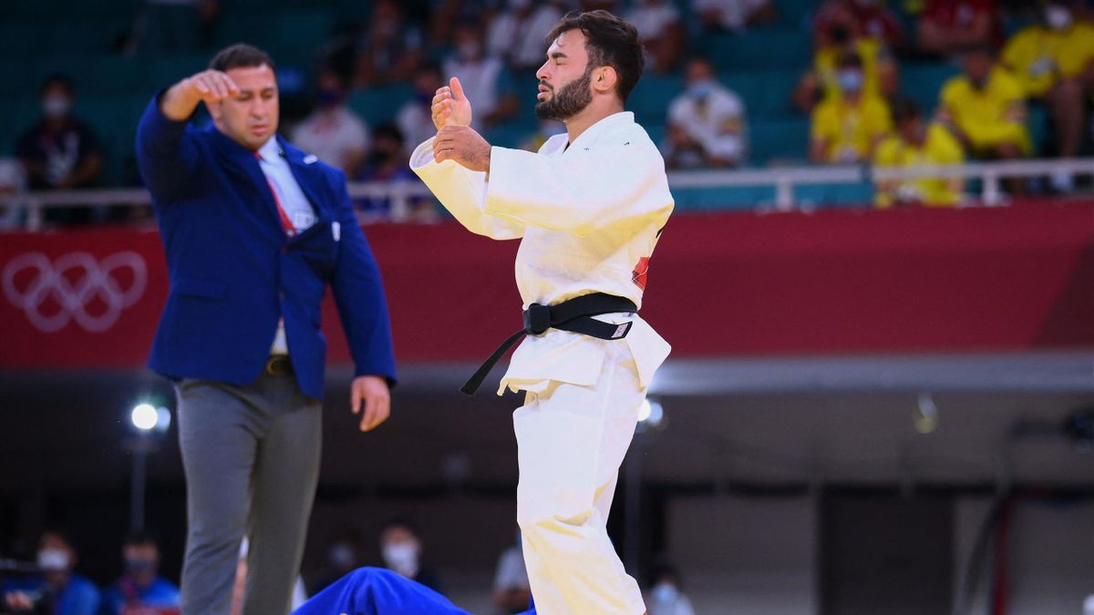 Luka Mkheidze lors du quart de finale de la compétition de judo -60kg des JO de Tokyo contre Artem Lesiuk, le 24 juillet 2021