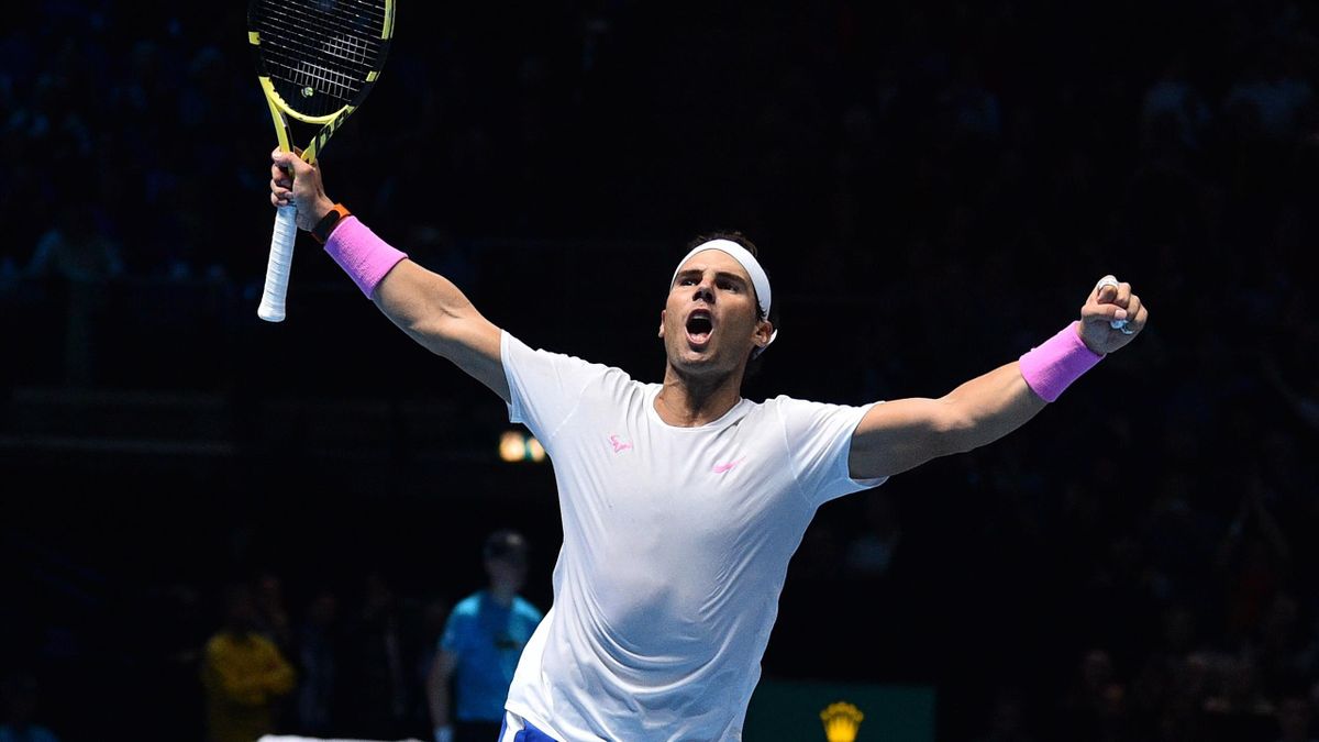 Spain's Rafael Nadal celebrates victory against Greece's Stefanos Tsitsipas during their men's singles round-robin match on day six of the ATP World Tour Finals tennis tournament at the O2 Arena in London on November 15, 2019. - Spain's Rafael Nadal beat