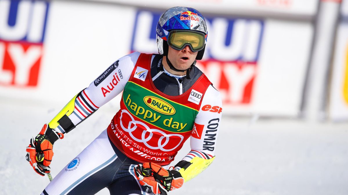 Alexis Pinturault à l'arrivée de la deuxième manche du slalom géant de Granjska Gora, le 13 mars 2021.