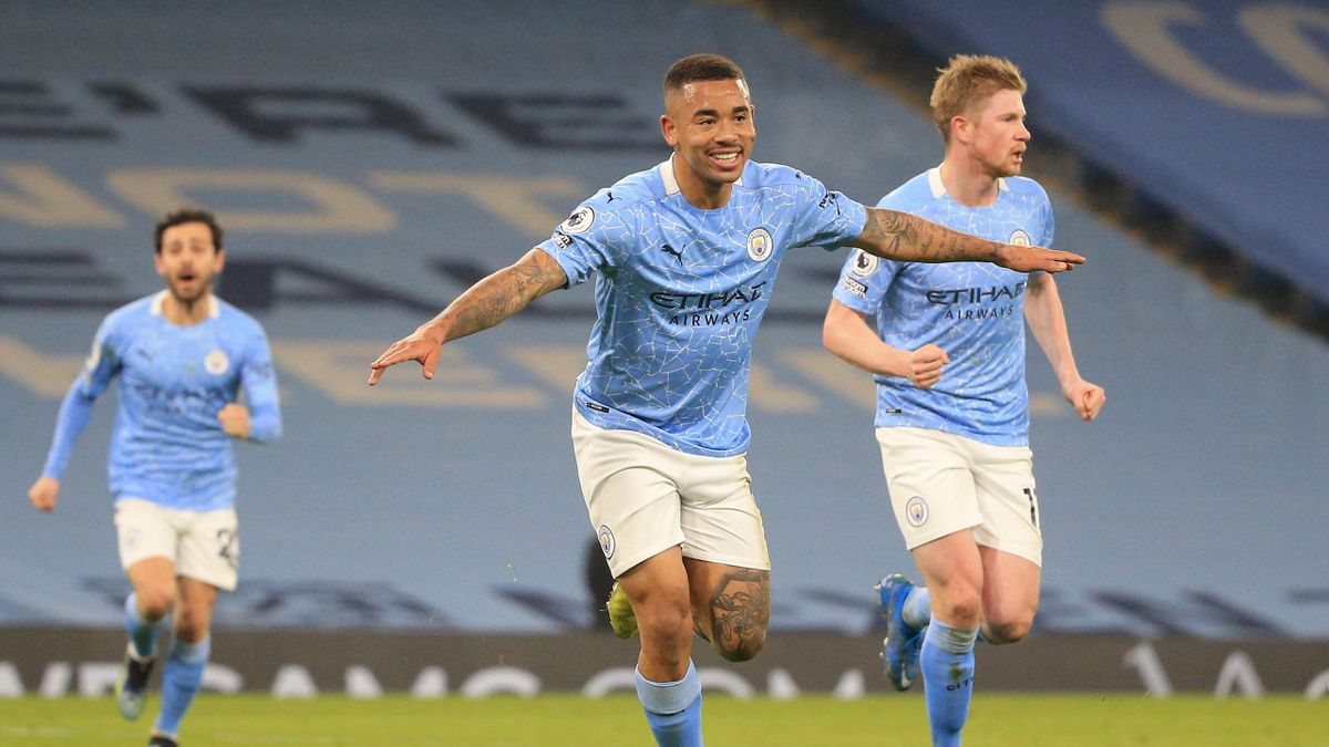 Gabriel Jesus of Manchester City celebrates after scoring their side's second goal during the Premier League match between Manchester City and Wolverhampton Wanderers at Etihad Stadium on March 02, 2021 in Manchester, England.
