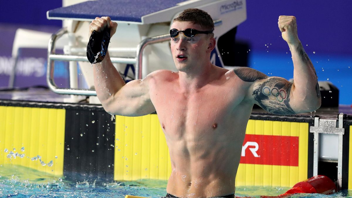 Adam Peaty of Great Britain celebrates gold in the men's 50m breaststroke final during the swimming on Day seven of the European Championships Glasgow 2018 at Tollcross International Swimming Centre on August 8, 2018 in Glasgow, Scotland