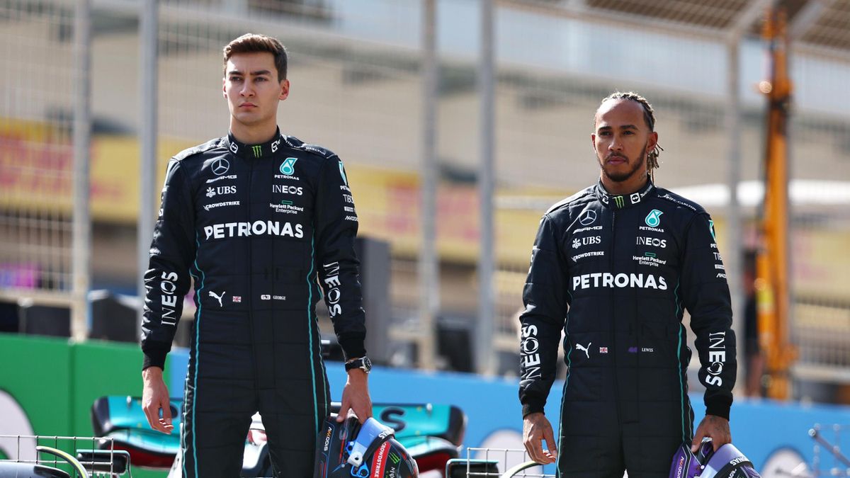 George Russell of Great Britain and Mercedes and Lewis Hamilton of Great Britain