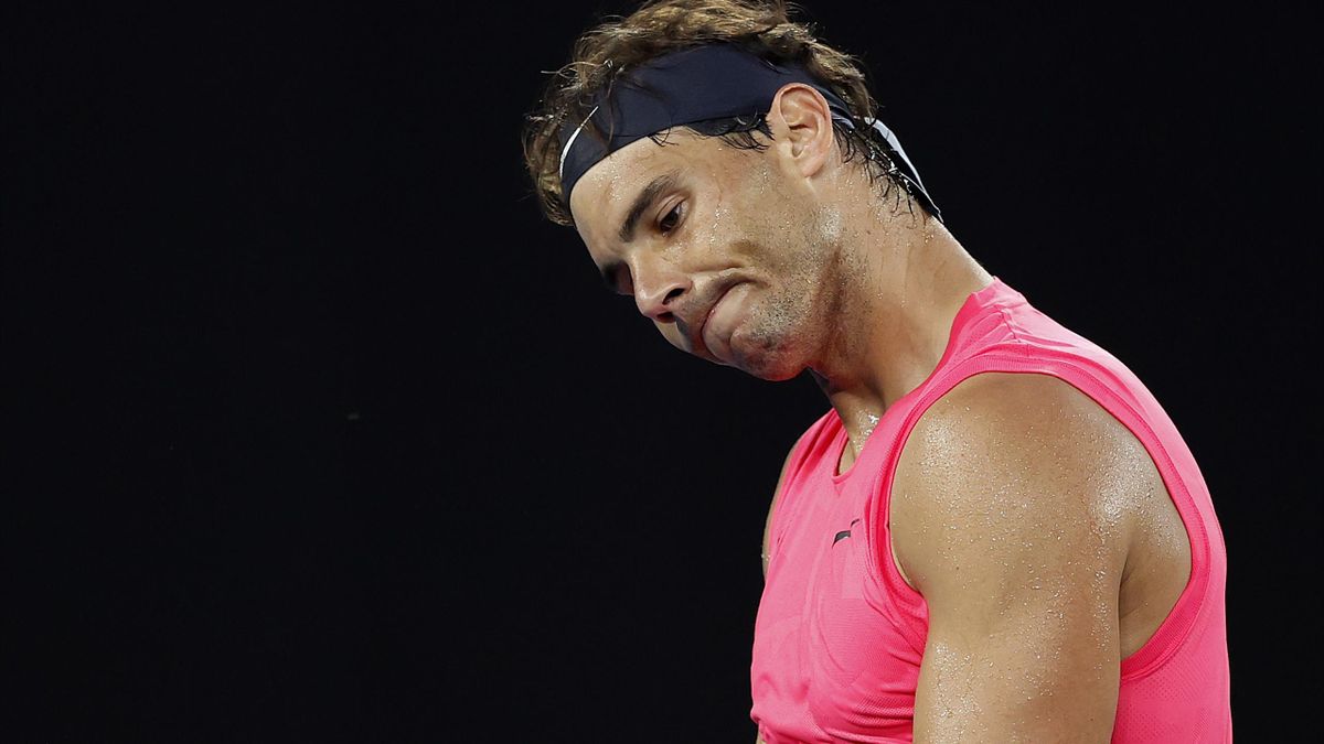 Rafael Nadal of Spain reacts during his Men’s Singles Quarterfinal match against Dominic Thiem of Austria on day ten of the 2020 Australian Open