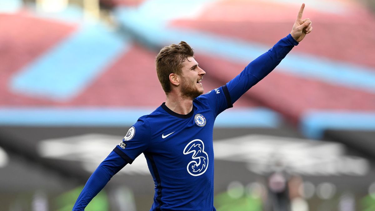 Timo Werner of Chelsea celebrates after scoring their sides first goal during the Premier League match between West Ham United and Chelsea at London Stadium on April 24, 2021 in London,