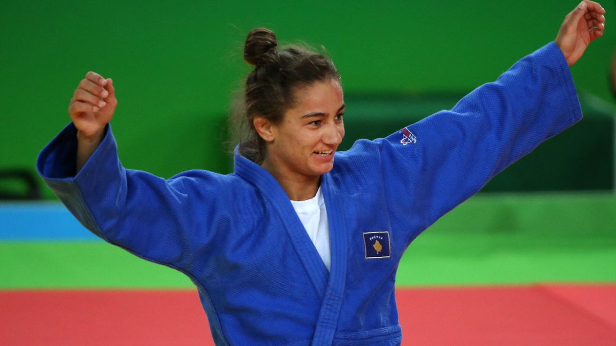 Majlinda Kelmendi of Kosovo celebrates gold in the judo