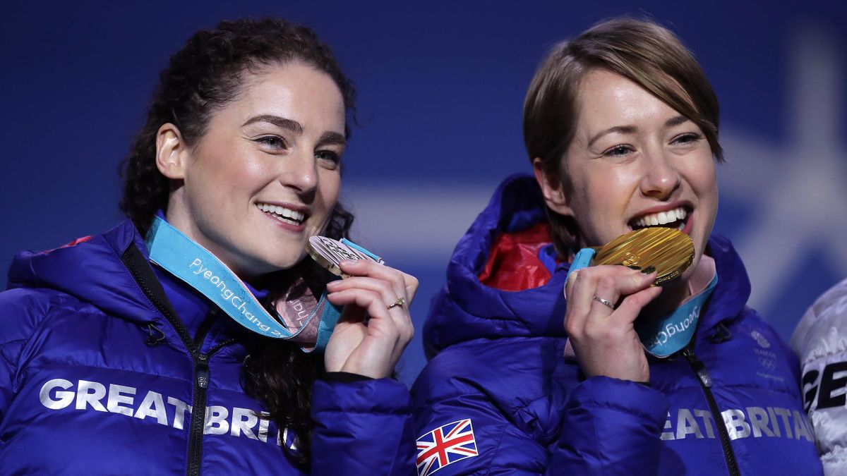 Laura Deas (left) and Lizzy Yarnold (right) celebrate their medals at Pyeongchang 2018