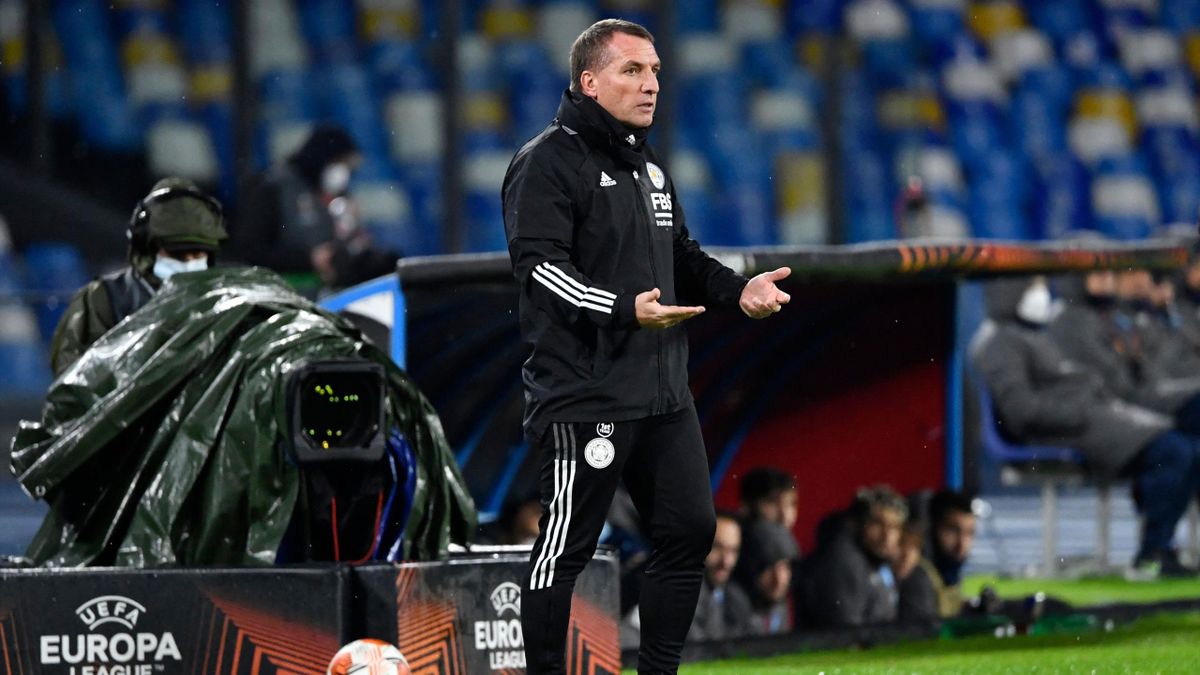 Leicester's British coach Brendan Rodgers reacts during the UEFA Europa League Group C football match between Napoli and Leicester on December 9, 2021 at the Diego-Maradona stadium in Naples