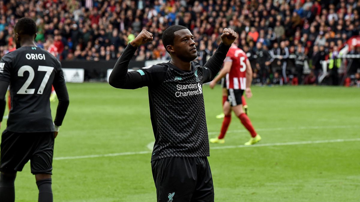 Georginio Wijnaldum of Liverpool celebrates after scoring the opening goal during the Premier League match between Sheffield United and Liverpool FC at Bramall Lane on September 28, 2019 in Sheffield, United Kingdom.