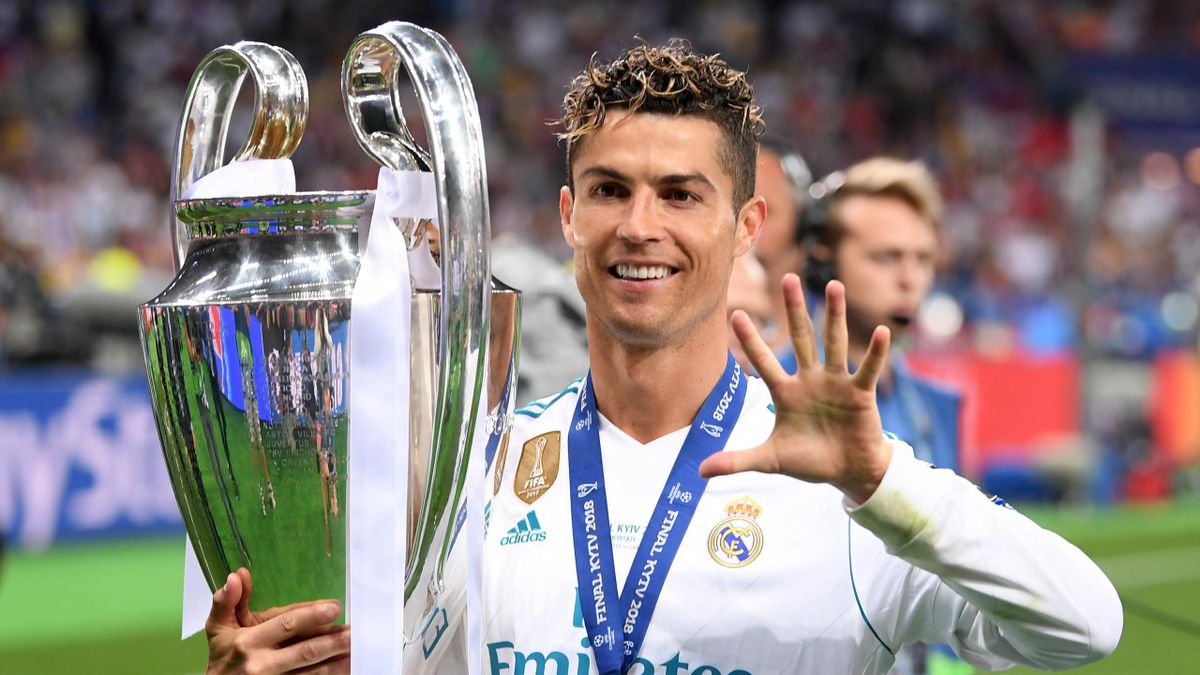 Cristiano Ronaldo of Real Madrid poses with the UEFA Champions League trophy following the UEFA Champions League Final between Real Madrid and Liverpool at NSC Olimpiyskiy Stadium on May 26, 2018 in Kiev, Ukraine.