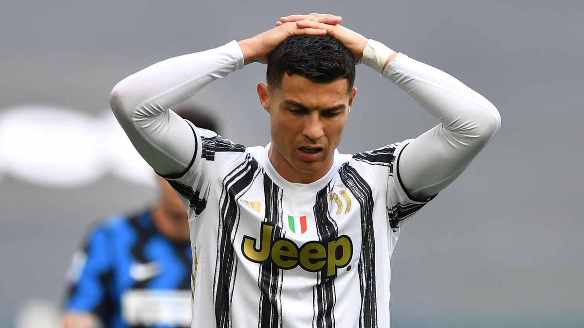 Cristiano Ronaldo of Juventus reacts during the Serie A match between Juventus and FC Internazionale at on May 15, 2021 in Turin, Italy.