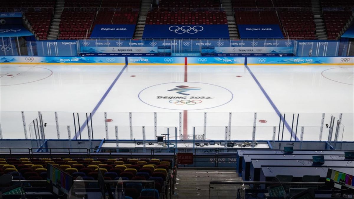 The ice hockey rink is pictured at Wukesong Arena on January 27, 2022 in Beijing, China. With just over one week to go until the opening ceremony of the Beijing 2022 Winter Olympics, final preparations are being made in Beijing ahead of the forthcoming 20