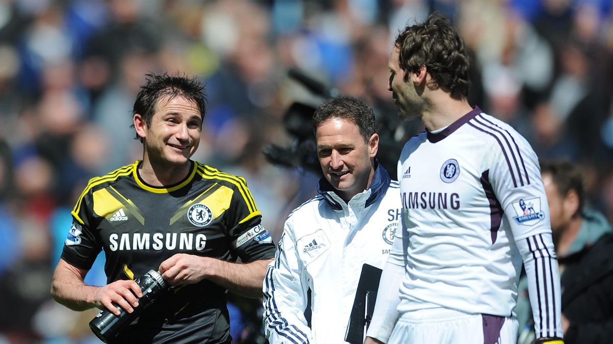 Frank Lampard of Chelsea (L) shares a laugh with team-mate Petr Cech following the Barclays Premier League match between Aston Villa and Chelsea at Villa Park on May 11, 2013 in Birmingham, England