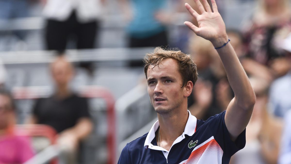 : Daniil Medvedev of Russia salutes the fans after his victory against Dominic Thiem of Austria during day 8 of the Rogers Cup at IGA Stadium
