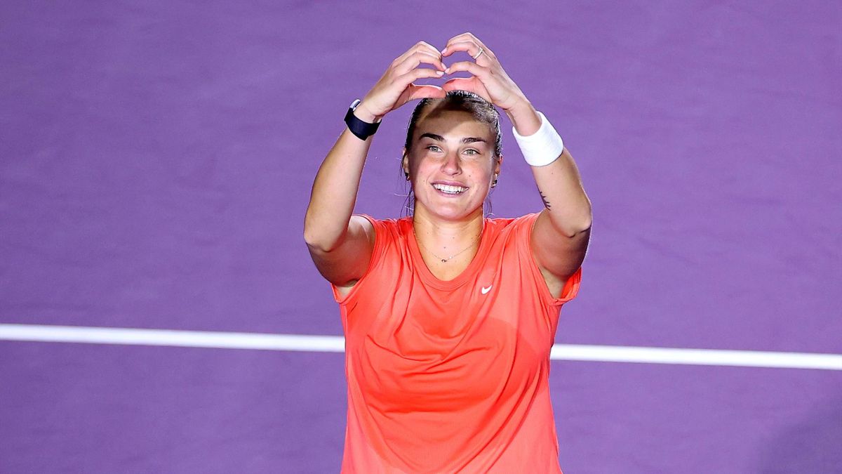 Aryna Sabalenka of Belarus reacts after match point in her singles match against Iga Swiatek of Poland during Day 4 of 2021 Akron WTA Finals Guadalajara at Centro Panamericano de Tenis