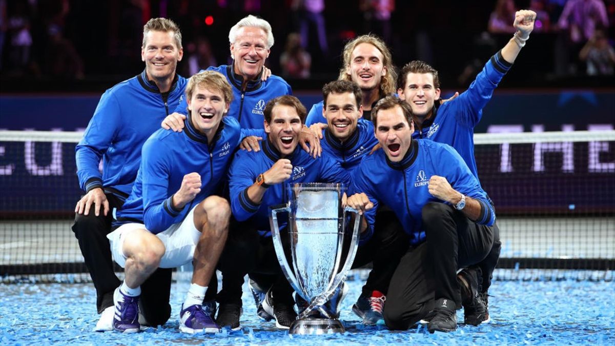 Team Europa jubelt über den Sieg beim Laver Cup 2019. Dominic Thiem (hintere Reihe, r.) und Roger Federer (vordere Reihe, r.) haben für 2021 schon zugesagt
