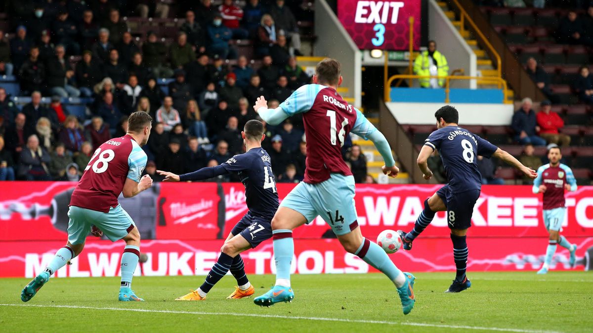 Ilkay Guendogan of Manchester City scores their side's second goal during the Premier League match between Burnley and Manchester City at Turf Moor on April 02, 2022 in Burnley, England. (Photo by Alex Livesey/Getty Images)