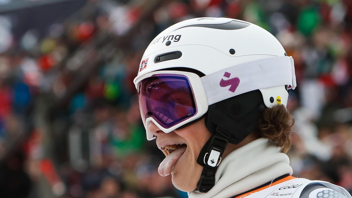 Lucas Braathen of Norway celebrates during the Audi FIS Alpine Ski World Cup Men's Slalom on January 26, 2020 in Kitzbuehel Austria
