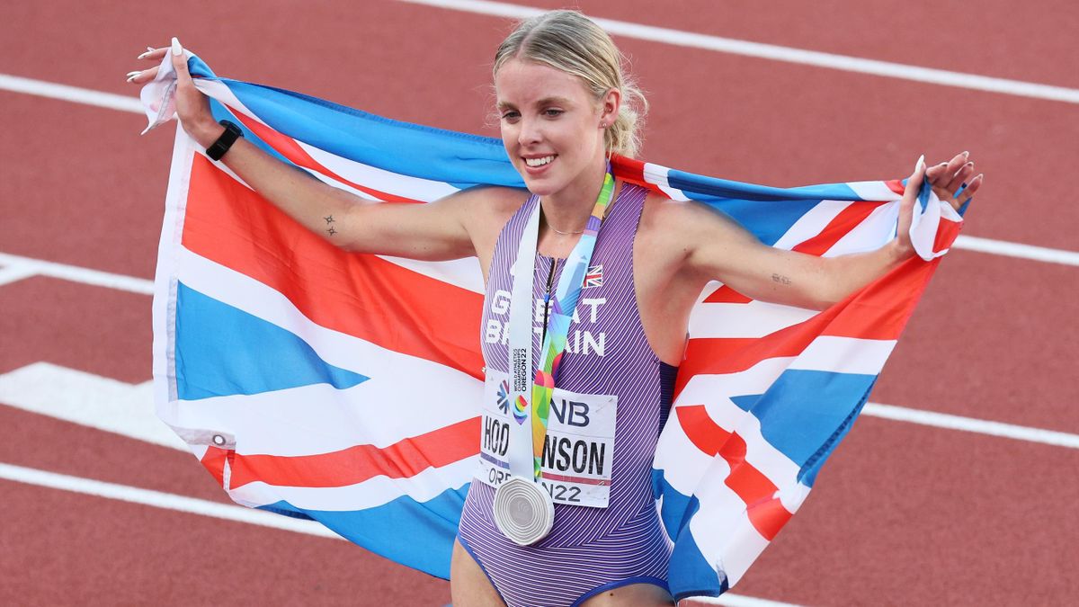 Keely Hodgkinson of Team Great Britain celebrates winning silver in the Women's 800m Final on day ten of the World Athletics Championships Oregon22