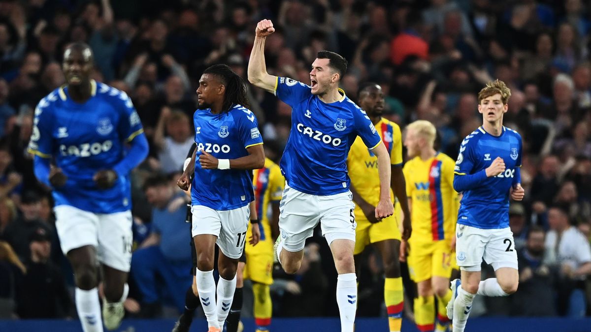 Michael Keane of Everton celebrates after scoring their sides first goal during the Premier League match between Everton and Crystal Palace at Goodison Park