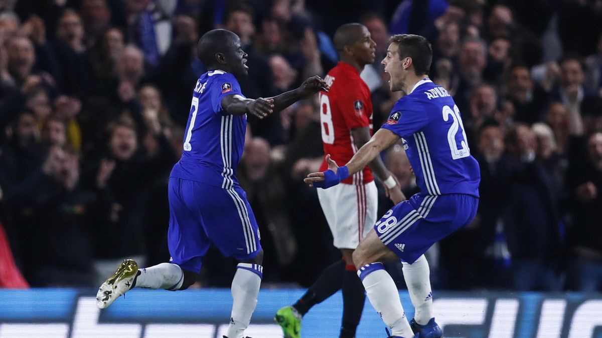 Chelsea's N'Golo Kante celebrates scoring their first goal with Cesar Azpilicueta