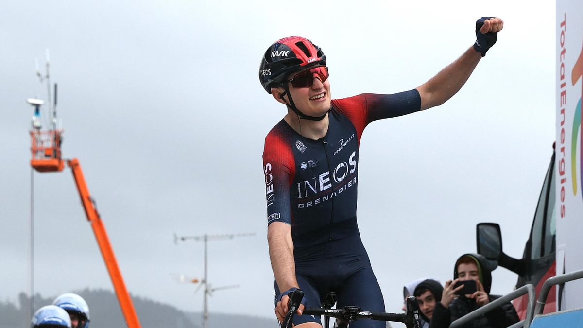 Carlos Rodriguez Cano of Spain and Team INEOS Grenadiers celebrates at finish line as stage winner during the 61st Itzulia Basque Country 2022