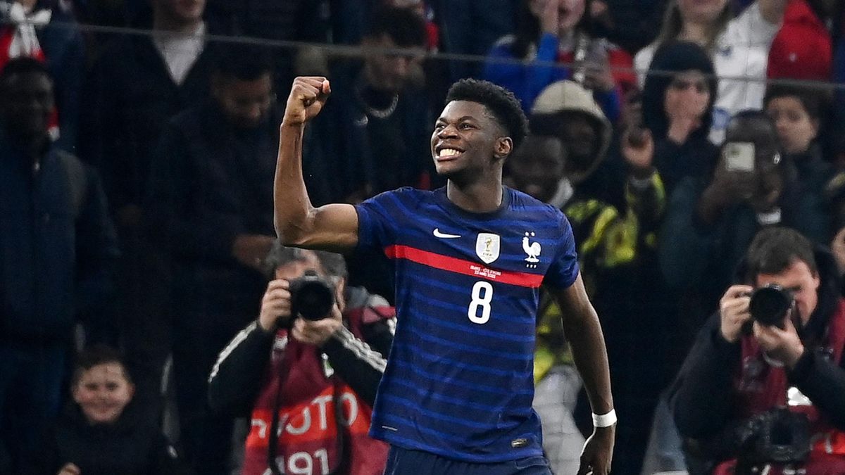 France's midfielder Aurelien Tchouameni celebrates after scoring a goal during the friendly football match between France and Ivory Coast at the Velodrome Stadium in Marseille, southern France, on March 25, 2022