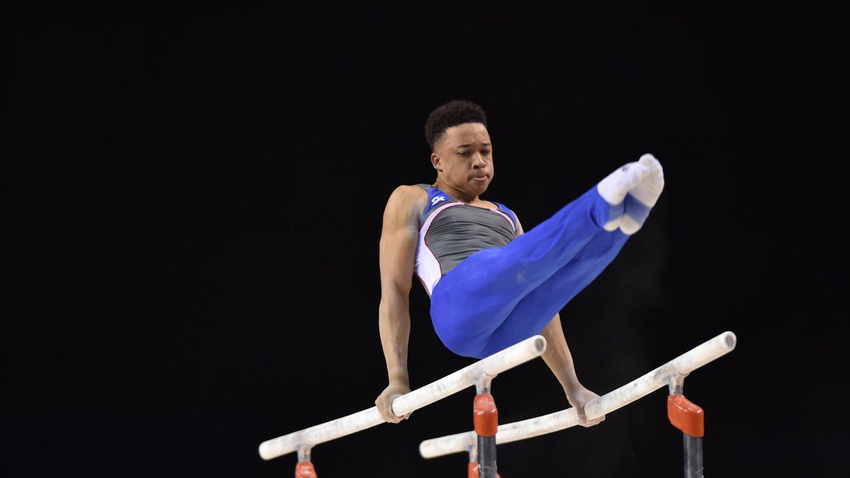 Joe Fraser competes in the parallel bars during the British Gymnastics Championships at the Echo Arena on March 26, 2017 in Liverpool, England.