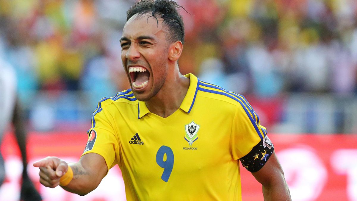 Gabon's forward Pierre-Emerick Aubameyang celebrates after scoring a goal during the 2017 Africa Cup of Nations group A football match between Gabon and Guinea-Bissau at the Stade de l'Amitie Sino-Gabonaise in Libreville on January 14, 2017.