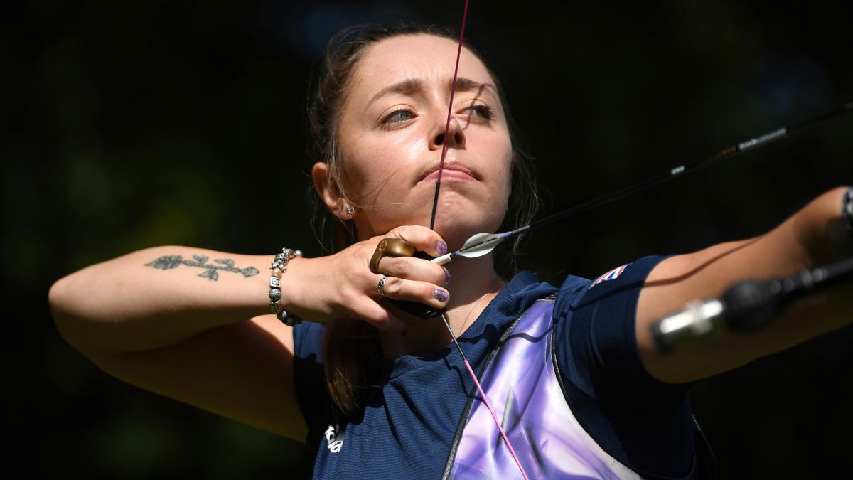 GB Archer Bryony Pitman practises at Worthing Archery Club on June 22, 2020 in Worthing, West Sussex.