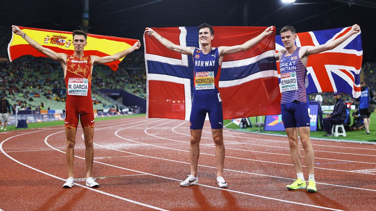 Mario García, Jakob Ingebrigtsen y Jake Heyward, los tres medallistas del 1.500 en los Europeos de atletismo de Múnich