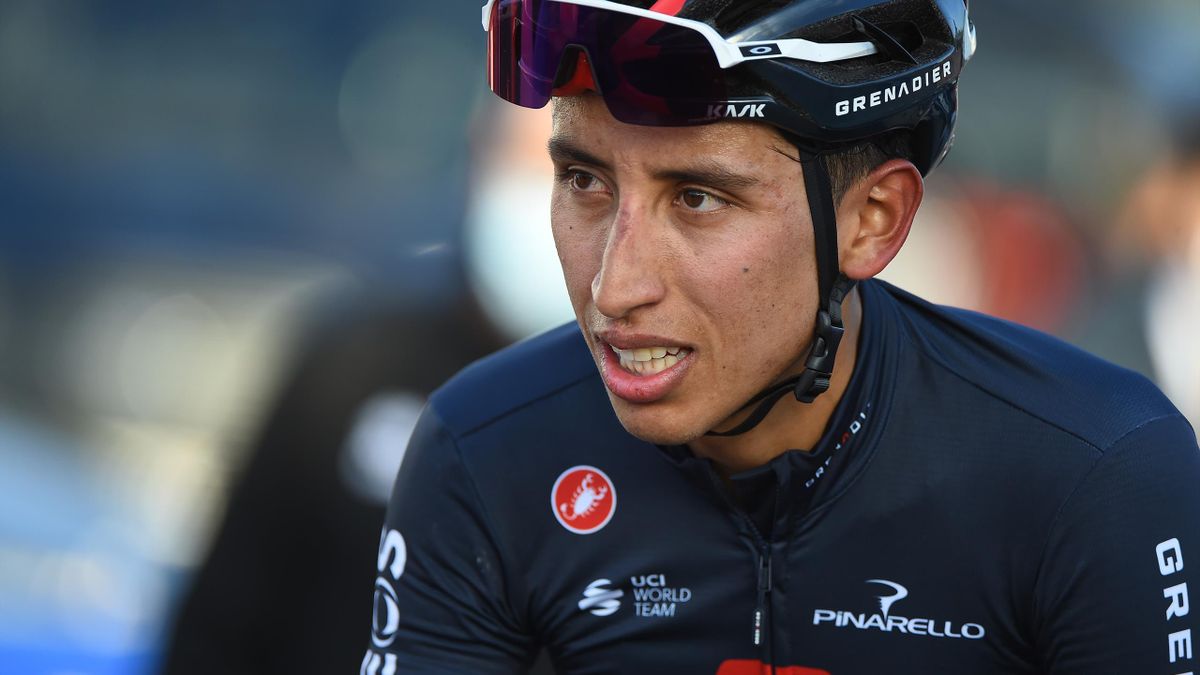 Team Ineos Grenadiers Colombian cyclist Egan Bernal looks on after crossing the finish line of the first stage of the 51st Etoile de Besseges cycling race