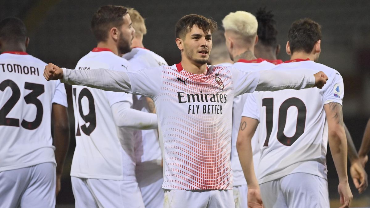 Brahim Diaz of AC Milan celebrates a third goal with his team during the Serie A match between Torino FC and AC Milan at Stadio Olimpico di Torino on May 12, 2021 in Turin, Italy. Sporting stadiums around Italy remain under strict restrictions due to the