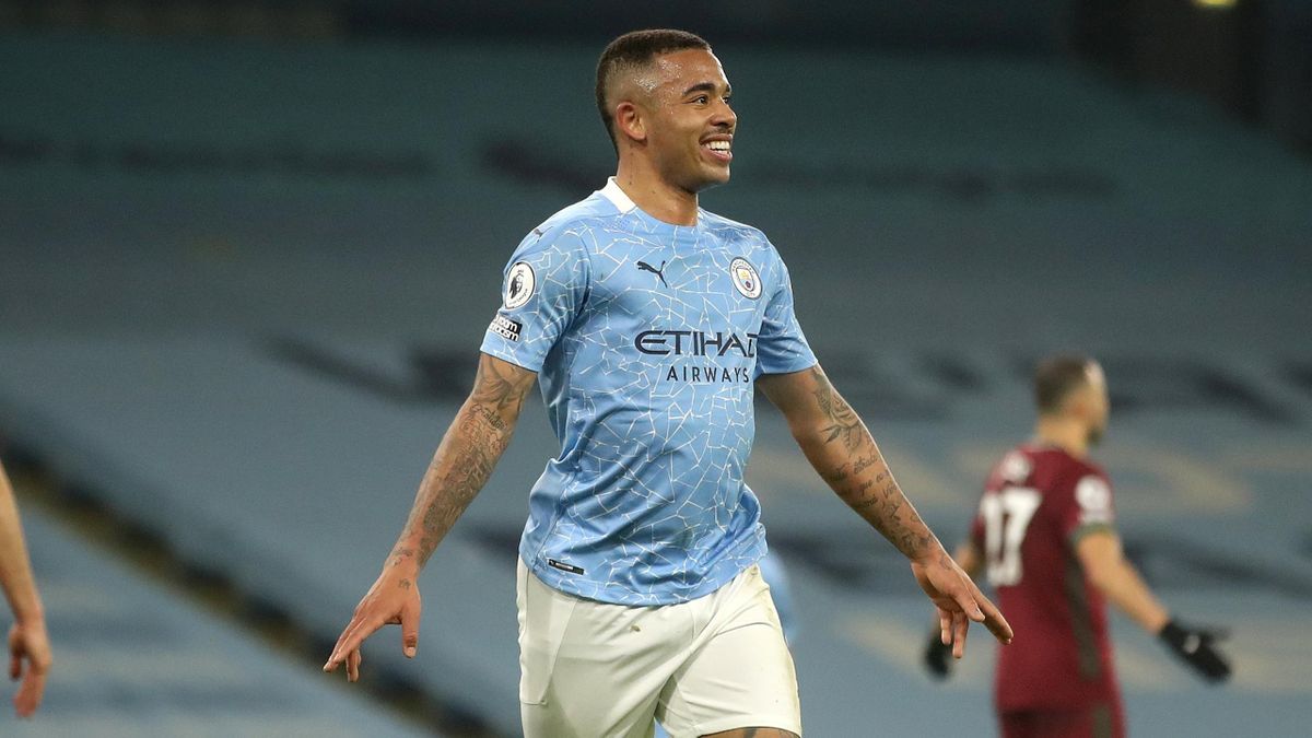 Gabriel Jesus celebrates scoring for Man City