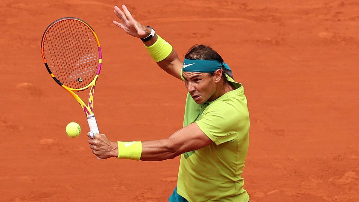 Rafael Nadal of Spain plays a backhand against Casper Ruud of Norway during the Men's Singles Final match on Day 15 of The 2022 French Open at Roland Garros