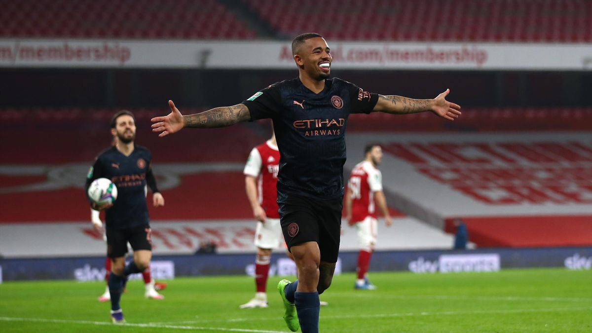Gabriel Jesus of Manchester City celebrates after scoring their team's first goal during the Carabao Cup Quarter Final match between Arsenal and Manchester City at Emirates Stadium