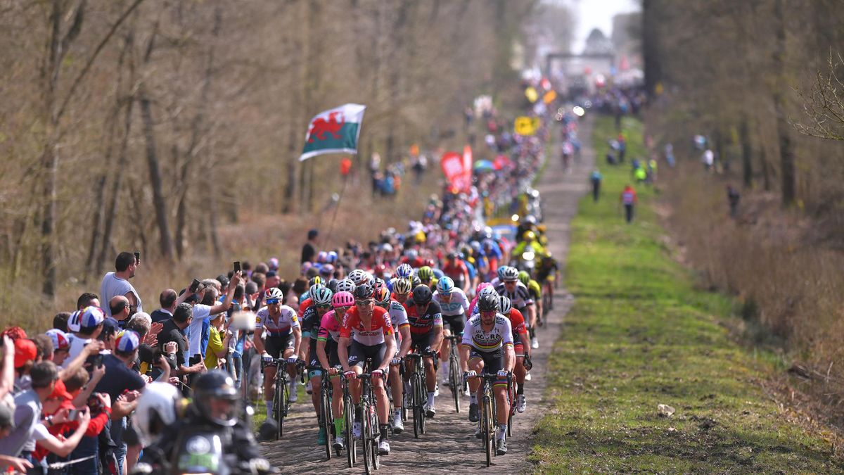 ROUBAIX, FRANCE - APRIL 08: Peter Sagan of Slovakia and Team Bora - Hansgrohe / Marcel Sieberg of Germany and Team Lotto Soudal / Trouee d Arenberg / Peloton / Landscape / during the 116th Paris to Roubaix 2018 a 257km race from Compiegne to Roubaix on Ap