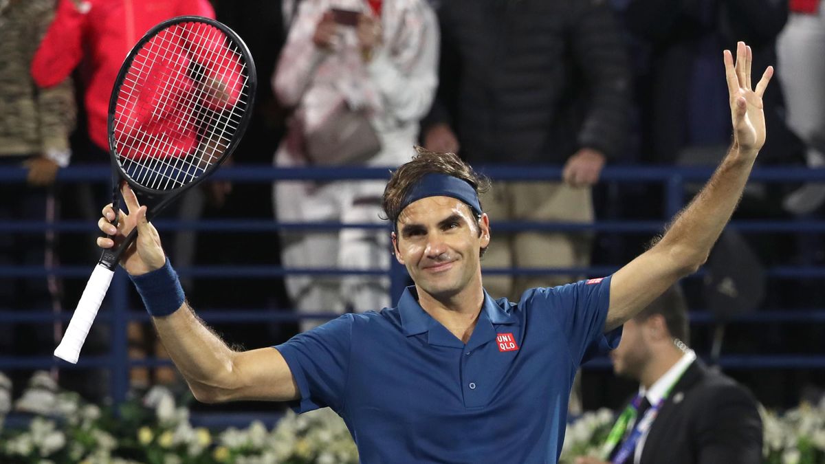 Roger Federer of Switzerland celebrates after winning against Borna Coric of Croatia during the semi-final match at the ATP Dubai Tennis Championship in the Gulf emirate of Dubai on March 01