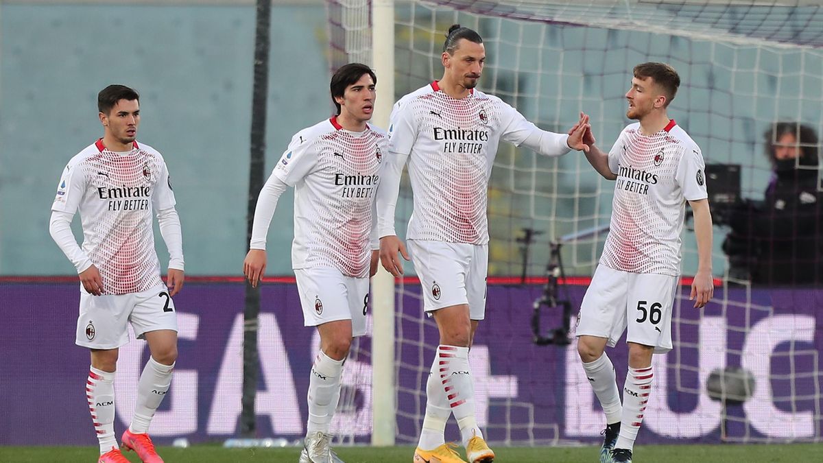 Zlatan Ibrahimovic of AC Milan celebrates after scoring a goal during the Serie A match between ACF Fiorentina and AC Milan at Stadio Artemio Franchi on March 21, 2021 in Florence, Italy