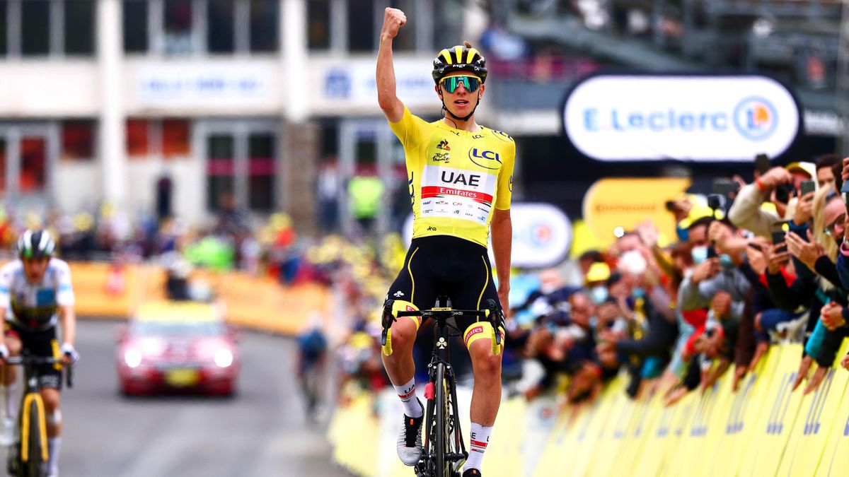 Tadej Pogačar of Slovenia and UAE-Team Emirates Yellow Leader Jersey celebrates at arrival during the 108th Tour de France 2021