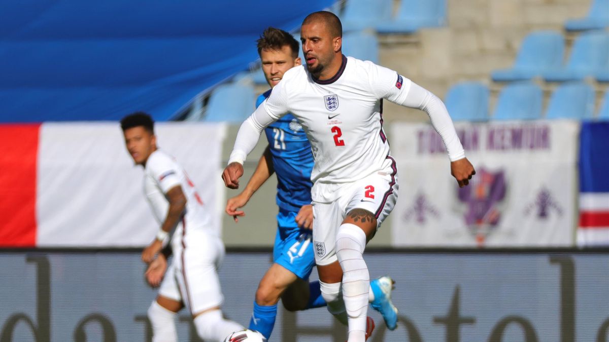 Kyle Walker of England runs with the ball during the UEFA Nations League group stage match between Iceland and England at Laugardalsvollur National Stadium on September 05, 2020 in Reykjavik, Iceland