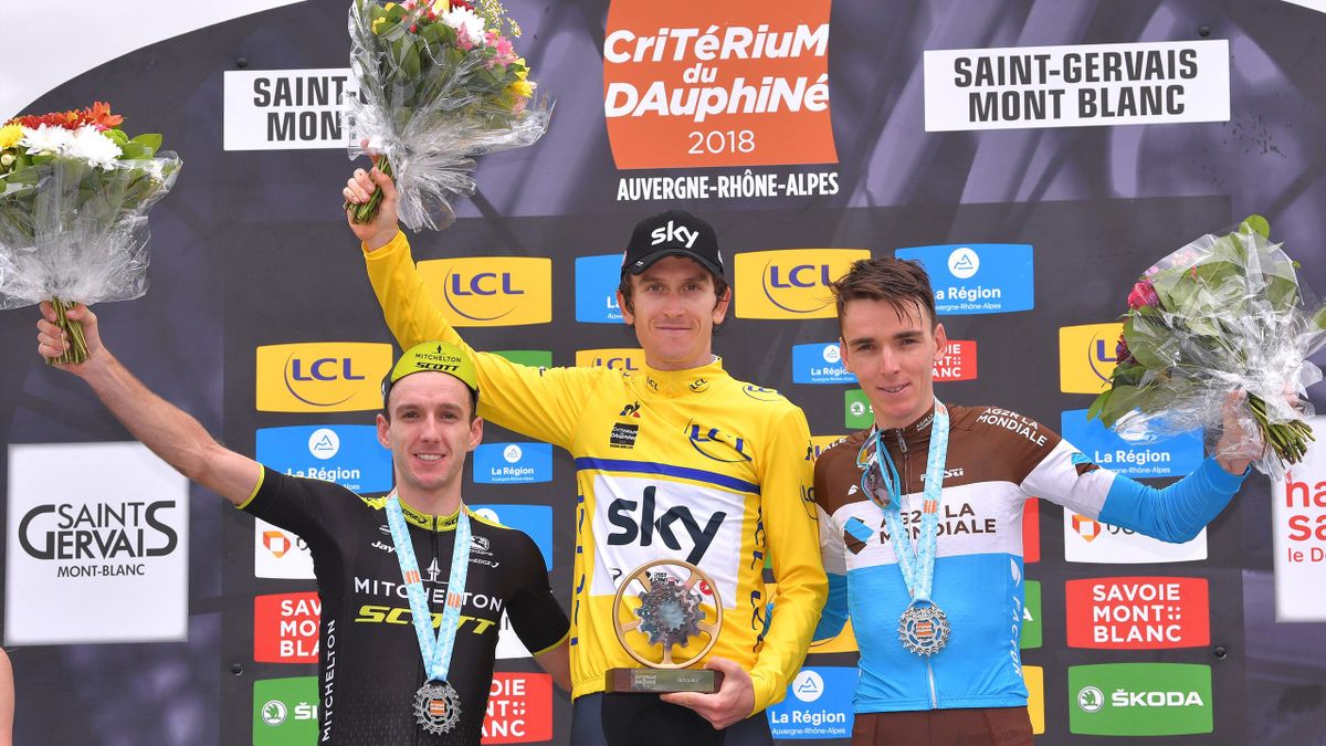 SAINT-GERVAIS LES BAINS - MONT BLANC, FRANCE - JUNE 10: Podium / Adam Yates of Great Britain and Team Mitchelton-Scott / Geraint Thomas of Great Britain and Team Sky Yellow Leader Jersey / Romain Bardet of France and Team AG2R La Mondiale / Celebration /