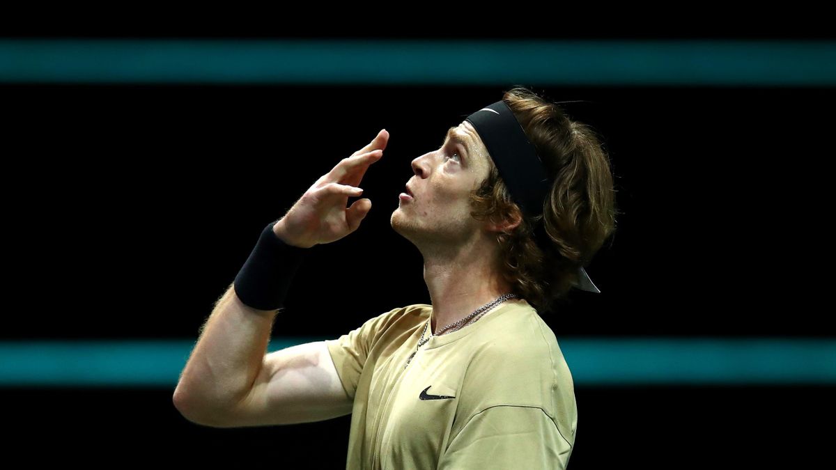 Andrey Rublev of Russia celebrates victory in his match against Andy Murray of Great Britain during Day 3 of the 48th ABN AMRO World Tennis Tournament at Ahoy on March 03, 2021 in Rotterdam, Netherlands