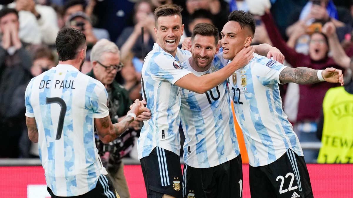Lautaro Martinez of Argentina celebrates after scoring his team's first goal with teammates