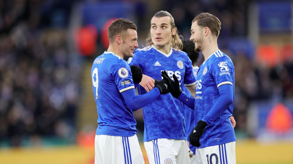James Maddison of Leicester City celebrates with Jamie Vardy